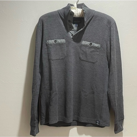 🍀LUCKY BRAND Men’s Gray FRENCH RIB MOCK NECK Pullover Polo Shirt Long Slv Sz M - Picture 2 of 10